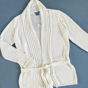 White + Warren Open Front Self Tie Belt White Cotton Cardigan Sweater